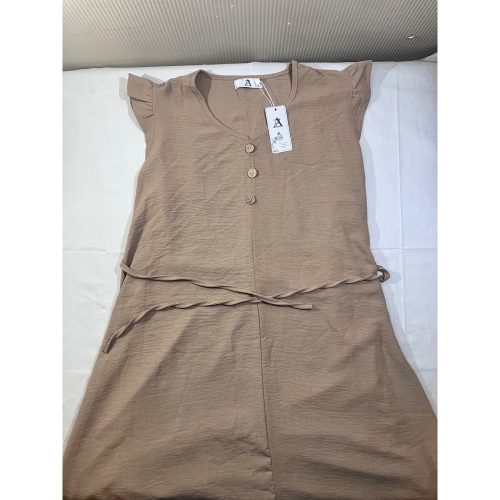 AZ Tan Flutter Sleeve Button‎ Front Dress Tan Beige L/XL YS-1256 NWT